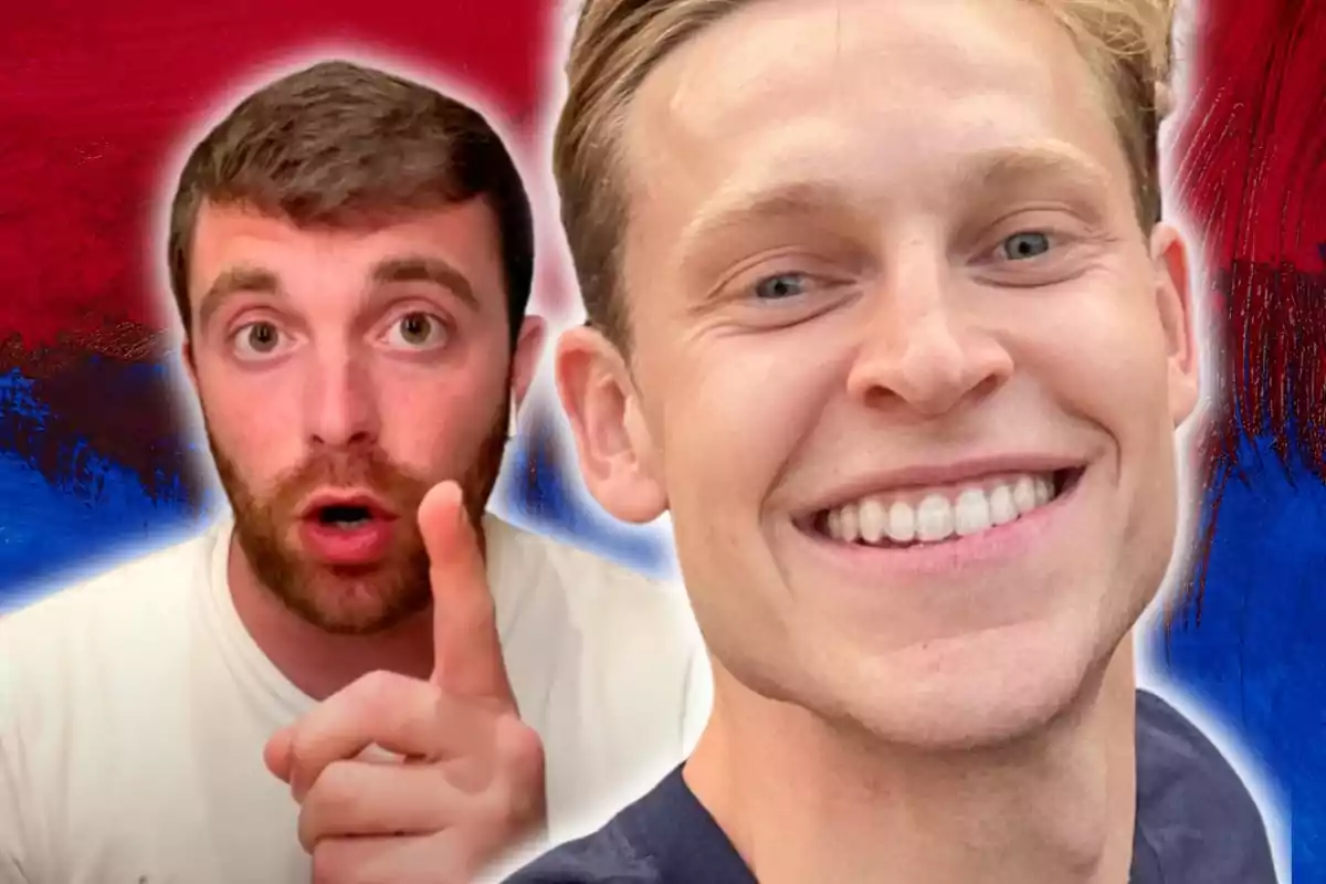 Dos hombres en primer plano, uno señalando con el dedo y el otro sonriendo, con un fondo de colores rojo y azul.