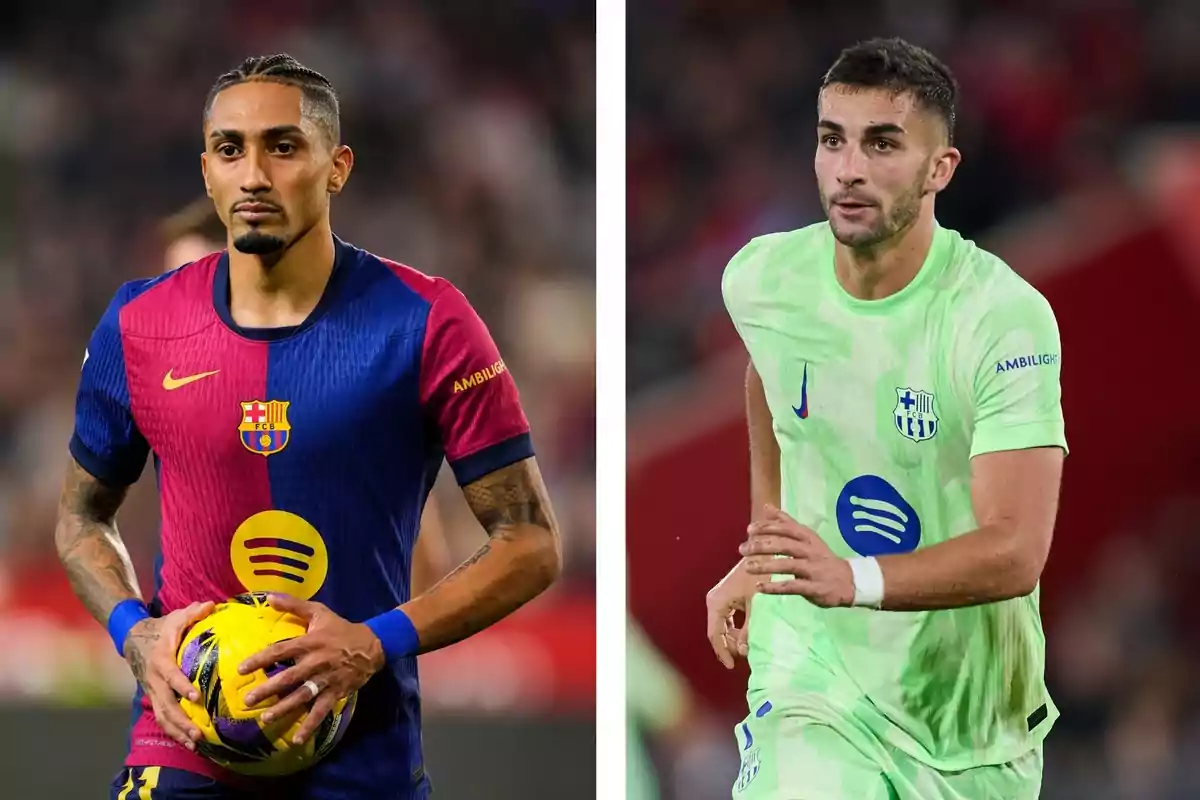 Dos futbolistas del FC Barcelona en el campo, uno con uniforme azulgrana y el otro con uniforme verde claro