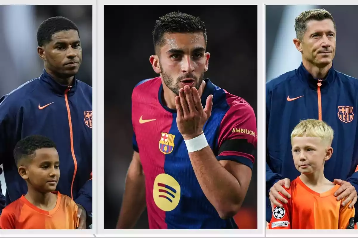 Tres futbolistes del FC Barcelona apareixen en diferents moments, dos d’ells amb nens i un al centre enviant un petó durant un partit. Tres futbolistes del FC Barcelona apareixen en diferents moments, dos d’ells amb nens i un al centre enviant un petó durant un partit.