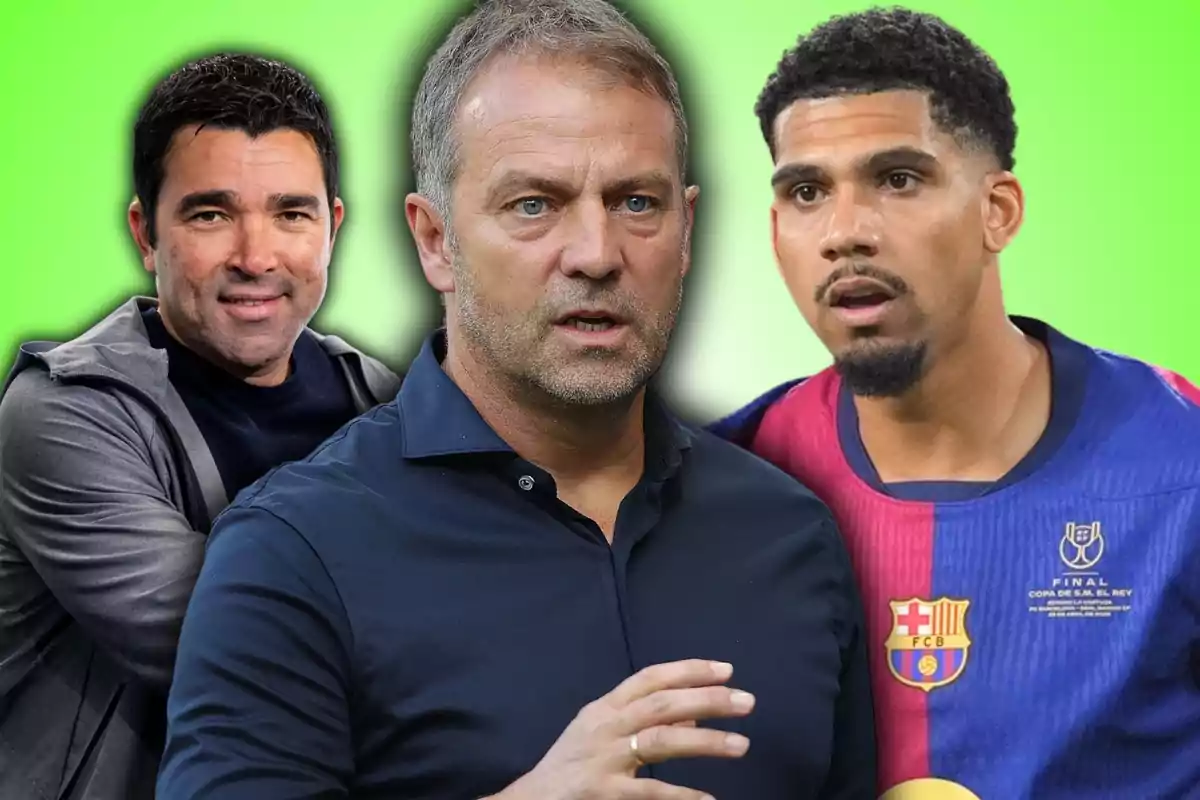 Tres hombres aparecen en primer plano con un fondo verde, uno de ellos lleva una camiseta del FC Barcelona