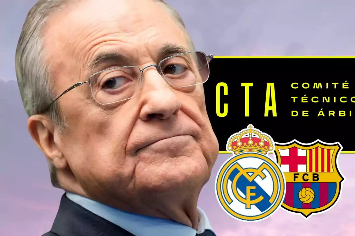 Home gran amb ulleres en primer pla al costat dels escuts del Reial Madrid i del Barcelona i el text Comitè Tècnic d’Àrbitres al fons