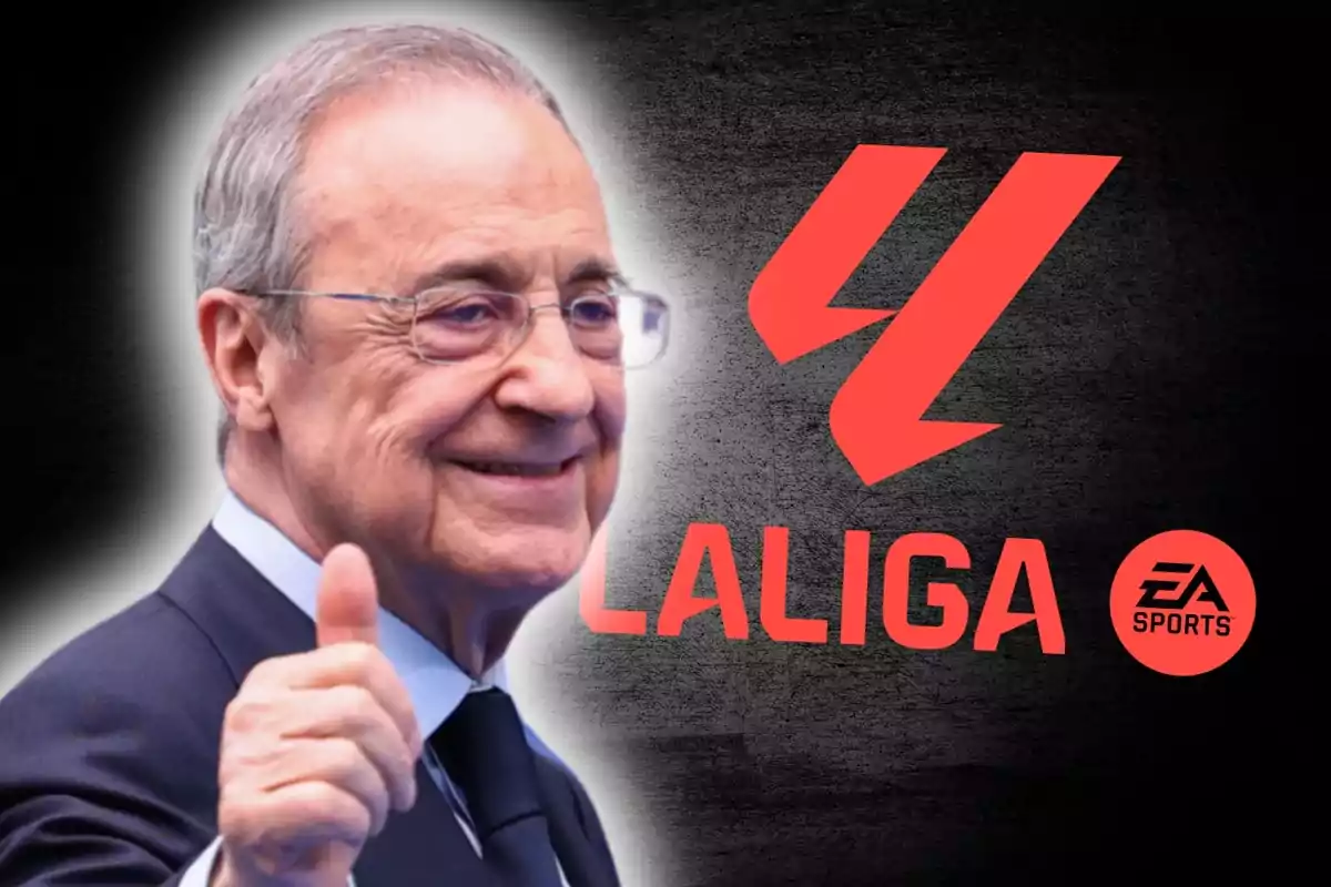 Hombre mayor con gafas y traje sonríe y muestra el pulgar arriba junto al logo de LaLiga y EA Sports sobre un fondo oscuro