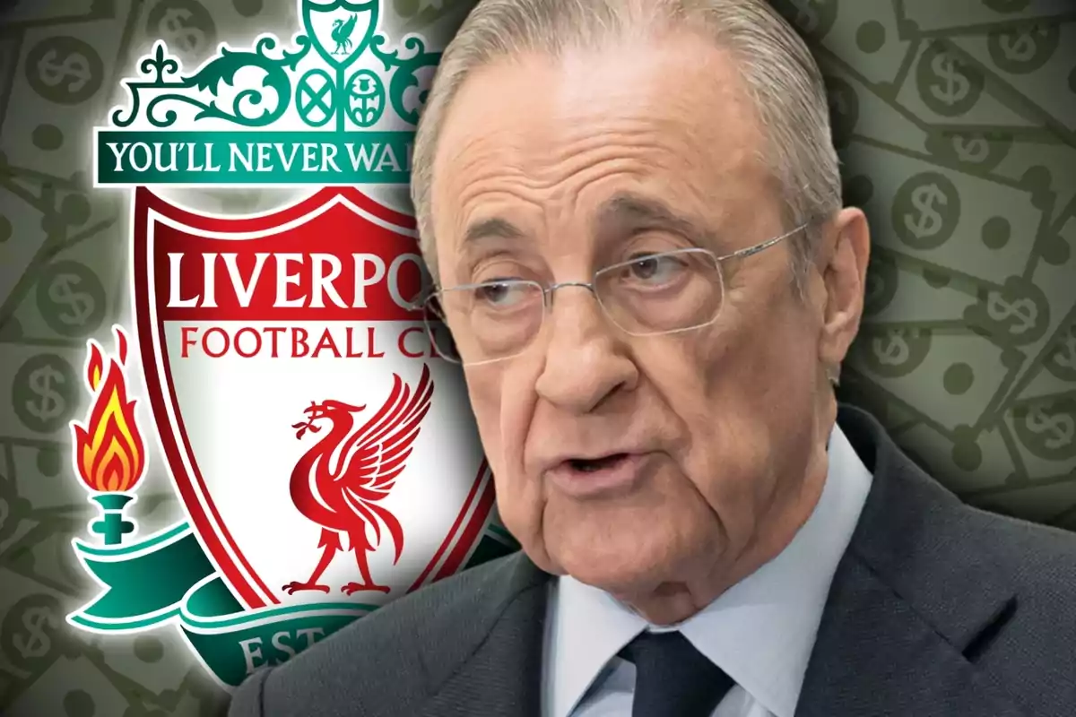 Home gran amb ulleres i vestit davant de l’escut del Liverpool i un fons de bitllets amb símbols de dòlar