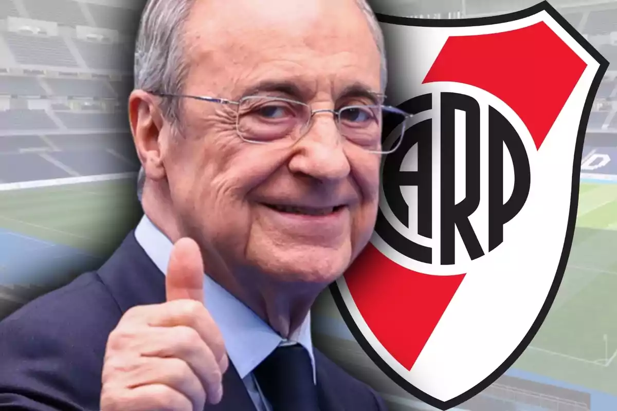 Home gran amb ulleres somrient i aixecant el polze davant de l’escut del club River Plate