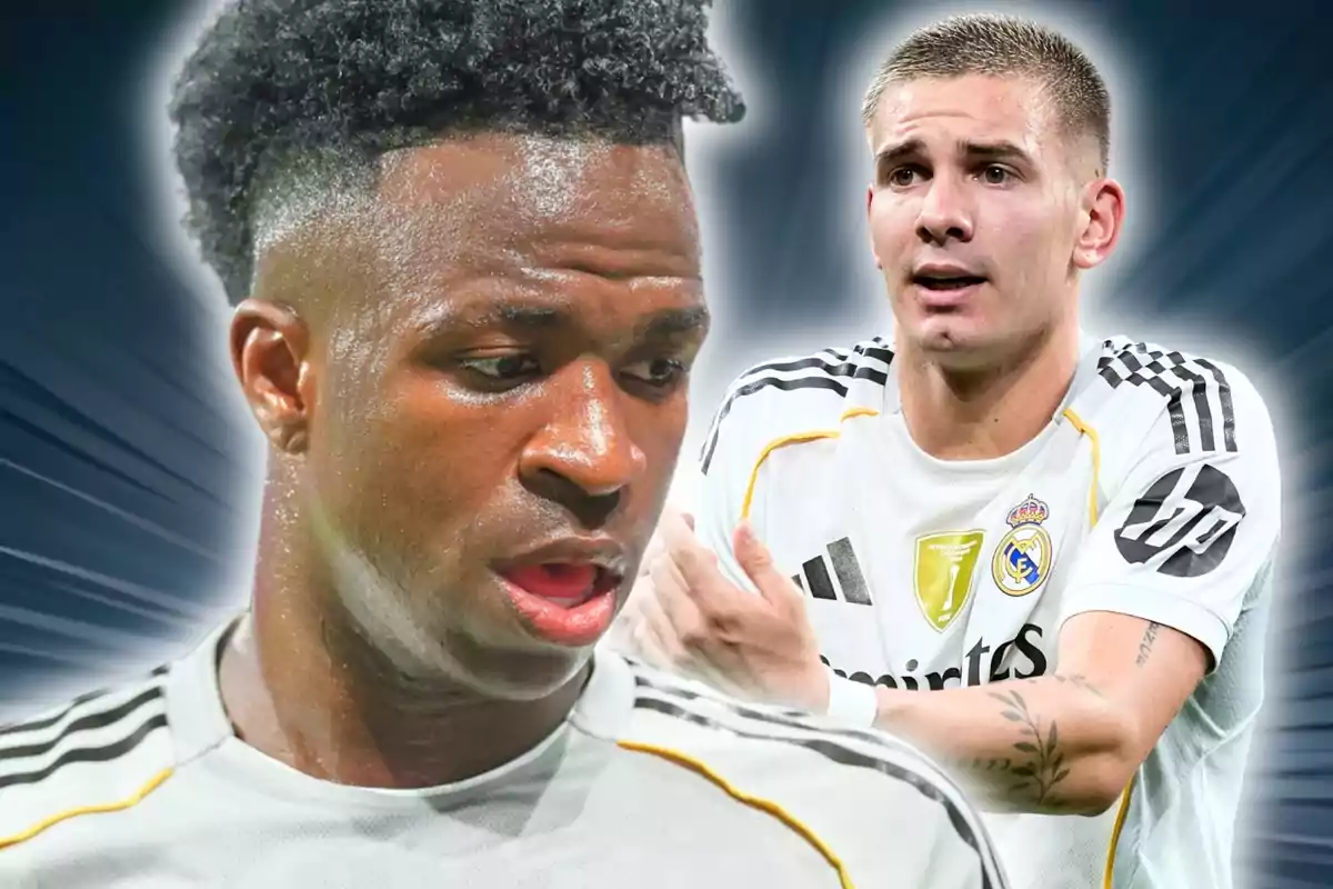 Dos futbolistes del Reial Madrid amb expressió seriosa i fons fosc difuminat