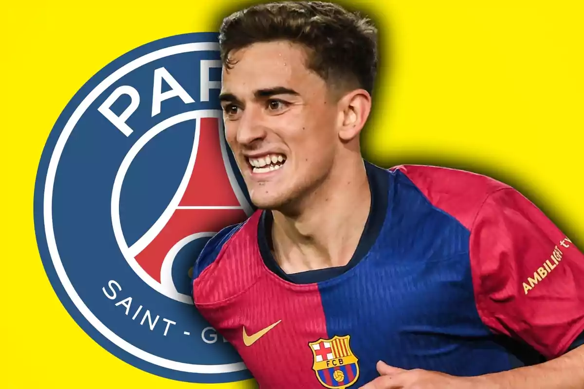 Futbolista amb samarreta del Barcelona somriu davant l’escut del PSG sobre un fons groc