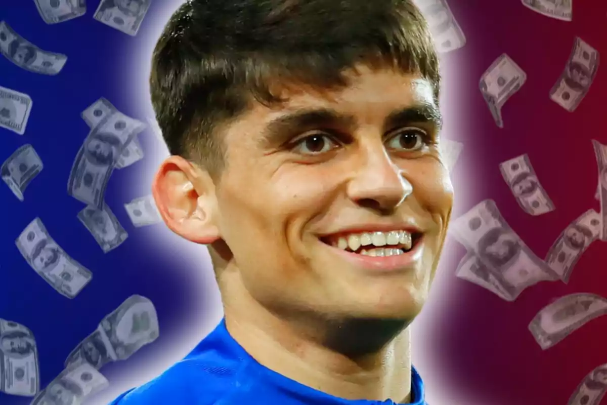 Joven sonriente con fondo de billetes flotando y colores azul y rojo difuminados.