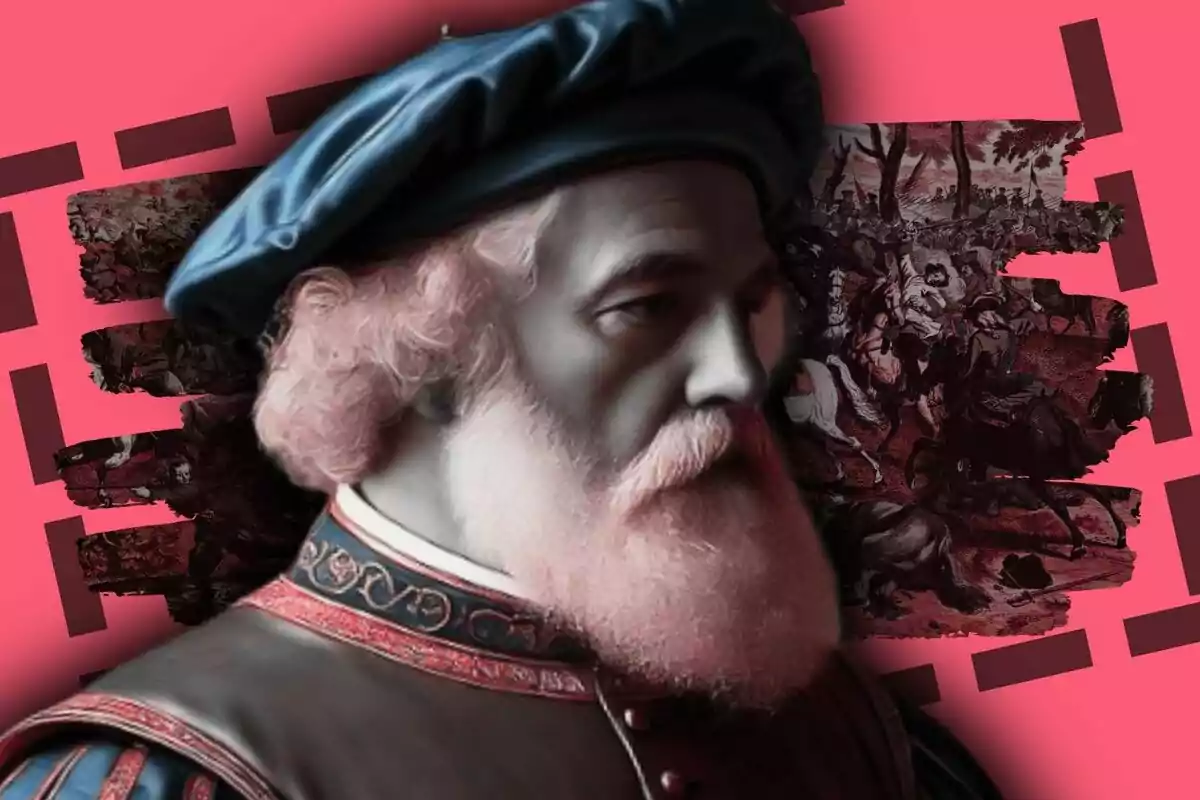 Retrat d’Hernando de Alarcón amb barba i gorra renaixentista en primer pla amb fons artístic de batalla i colors rosats.
