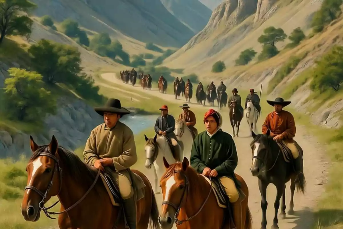 Grup de genets amb vestimenta tradicional cavalcant per un camí de terra en un paisatge muntanyós i verd. Grup de genets amb vestimenta tradicional cavalcant per un camí de terra en un paisatge muntanyós i verd.