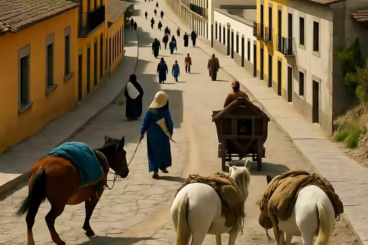 Carrer empedrat d’un poble antic amb persones caminant i cavalls de càrrega. Carrer empedrat d’un poble antic amb persones caminant i cavalls de càrrega.