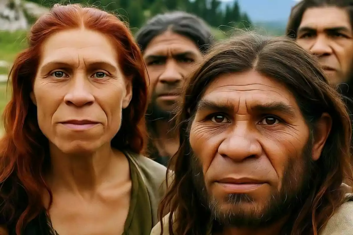Grup de persones amb trets neandertals mirant cap a la càmera en un entorn natural.