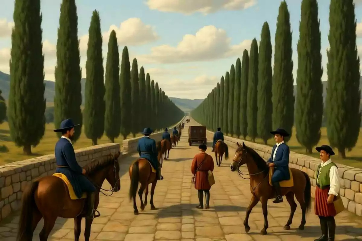 Un grup de persones vestides amb roba antiga avança per un camí empedrat flanquejat per alts xiprers, alguns munten a cavall i d’altres caminen, el cel és serè amb alguns núvols i al fons es veuen muntanyes. Un grup de persones vestides amb roba antiga avança per un camí empedrat flanquejat per alts xiprers, alguns munten a cavall i d’altres caminen, el cel és serè amb alguns núvols i al fons es veuen muntanyes.