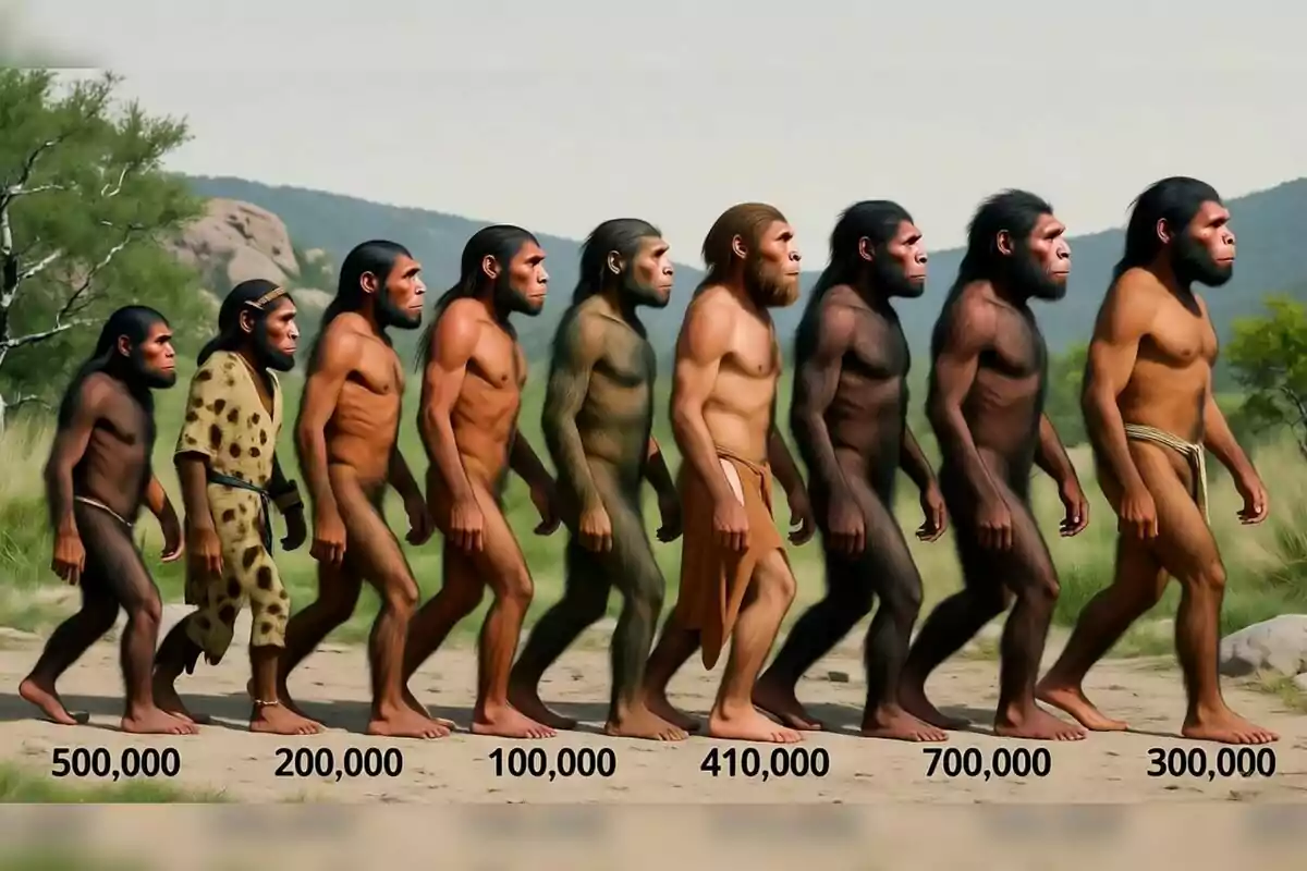 Il·lustració de l’evolució humana mostrant diferents etapes d’homínids caminant en fila amb números que representen milers d’anys a la part inferior.