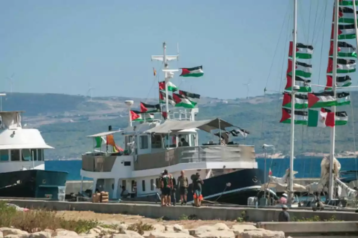 Vaixells atracats en un port decorats amb nombroses banderes palestines i algunes persones caminant pel moll en un dia assolellat.