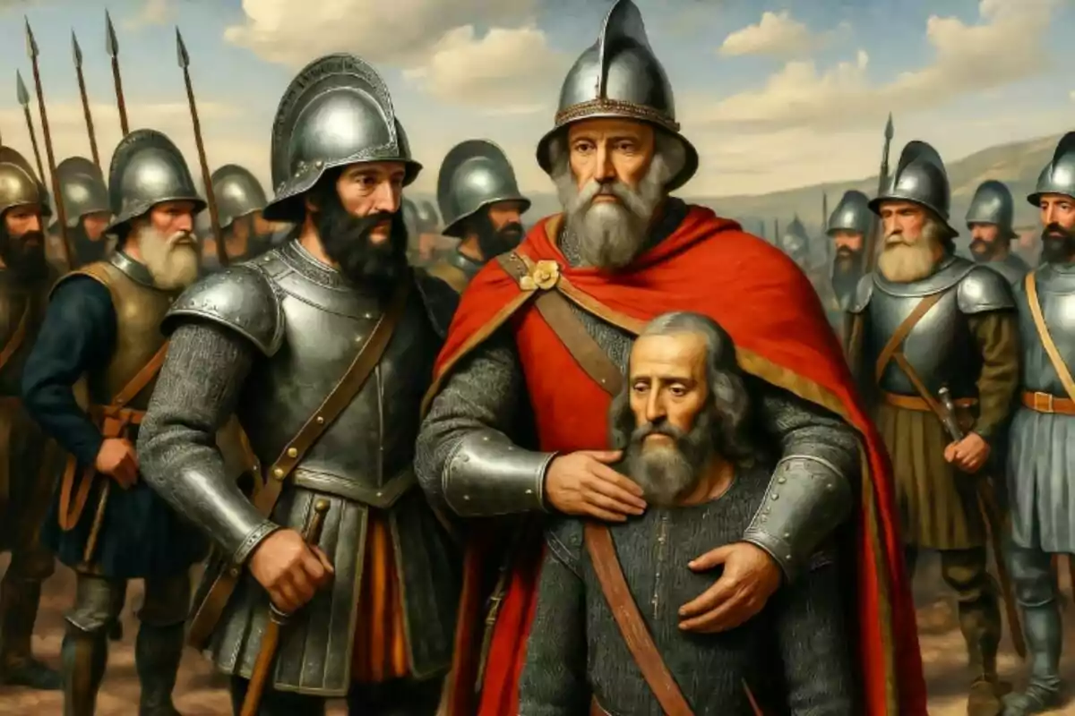 Un grup de soldats medievals amb armadures i cascos envolta un home agenollat mentre un líder amb capa vermella li subjecta l’espatlla.