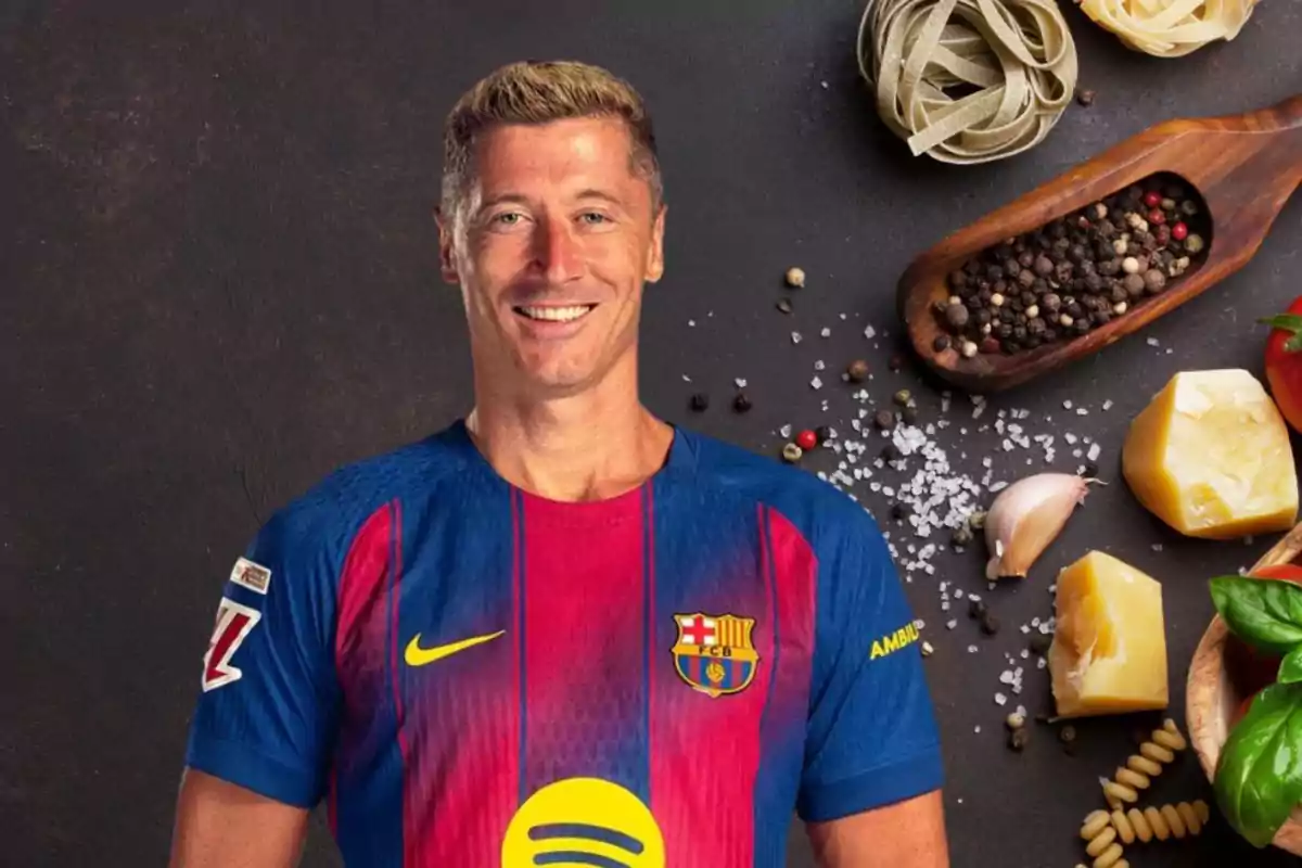 A player wearing a Barcelona jersey smiles in front of a table with cooking ingredients like pasta, cheese, garlic, basil, and spices.