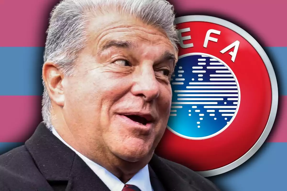 Hombre de cabello canoso con expresión sonriente frente a un logo circular de la UEFA sobre un fondo con franjas azul y granate