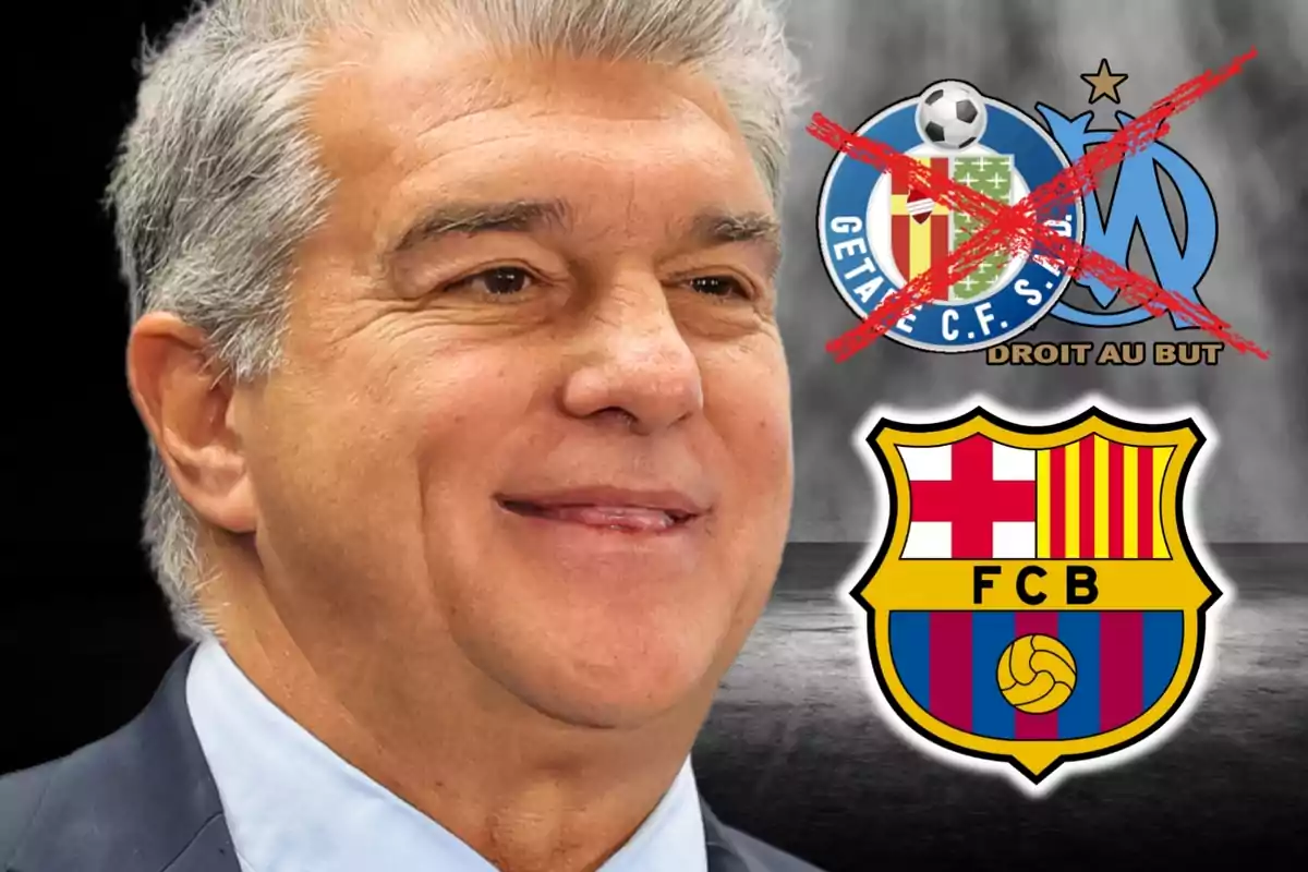 Home somrient en primer pla amb els escuts del Getafe i del Marsella ratllats i l’escut del Barcelona destacat al seu costat