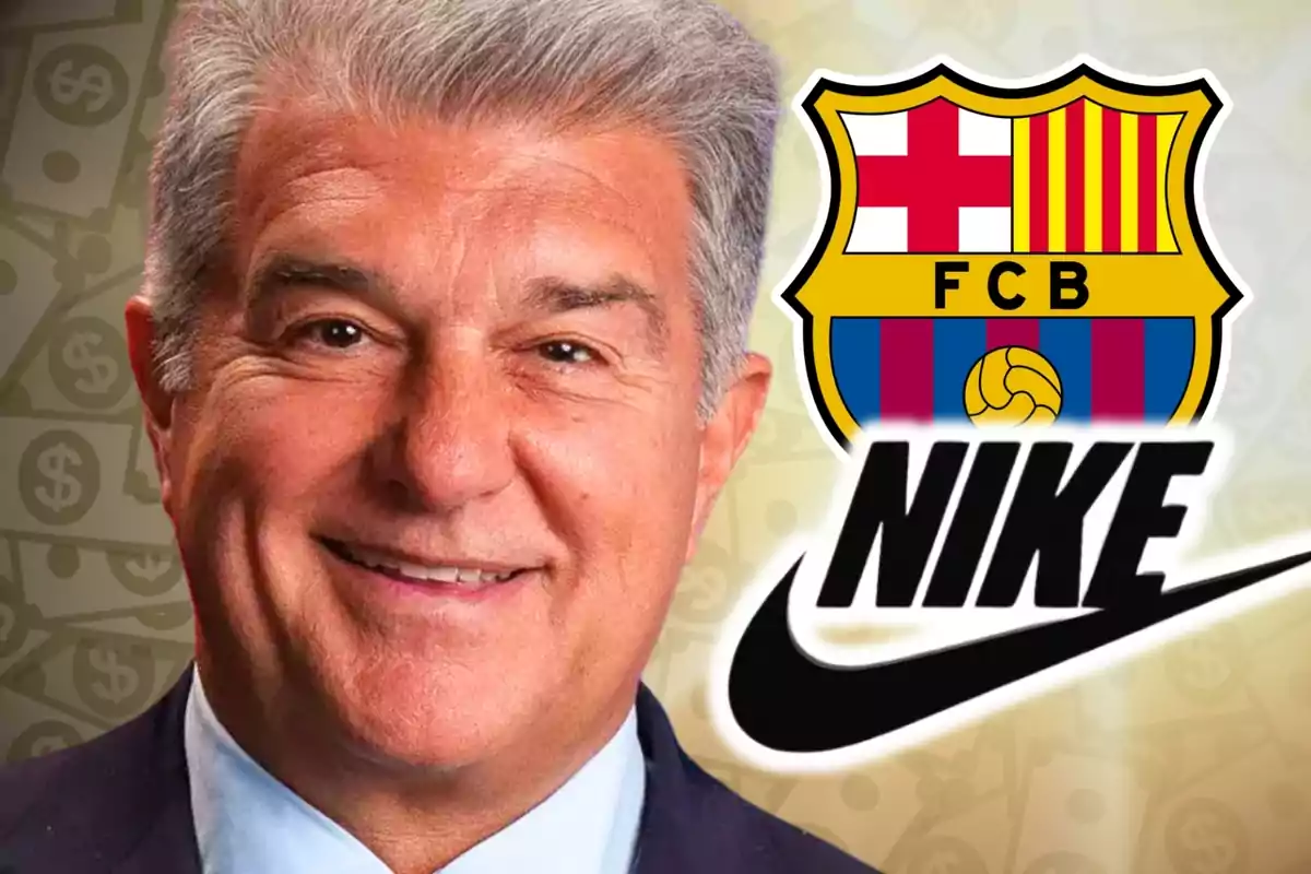 Hombre sonriente con el escudo del FC Barcelona y el logo de Nike sobre un fondo de billetes.