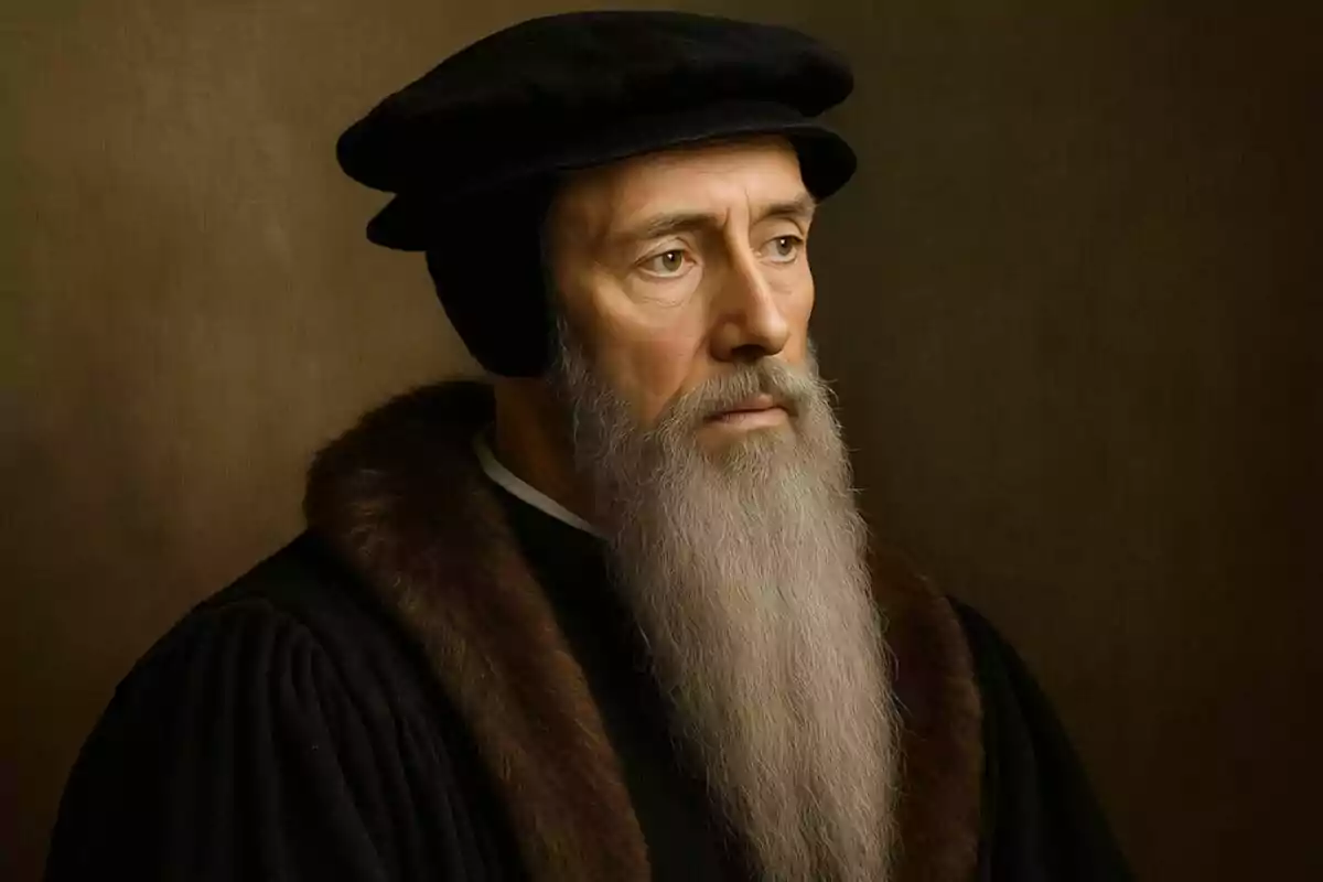 Retrat d’un home gran amb barba llarga i canosa, que és Joan Calví, vestit amb roba fosca i un gorro negre, sobre un fons marró senzill.