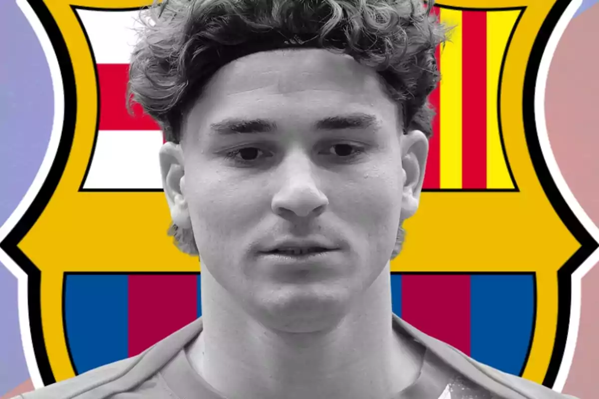 Young man wearing a sports jersey and a headband in front of the FC Barcelona crest