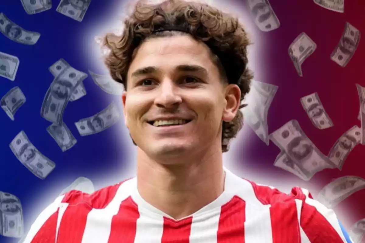 Futbolista sonriente con camiseta de rayas rojas y blancas al frente de un fondo con billetes flotando y colores azul y rojo difuminados