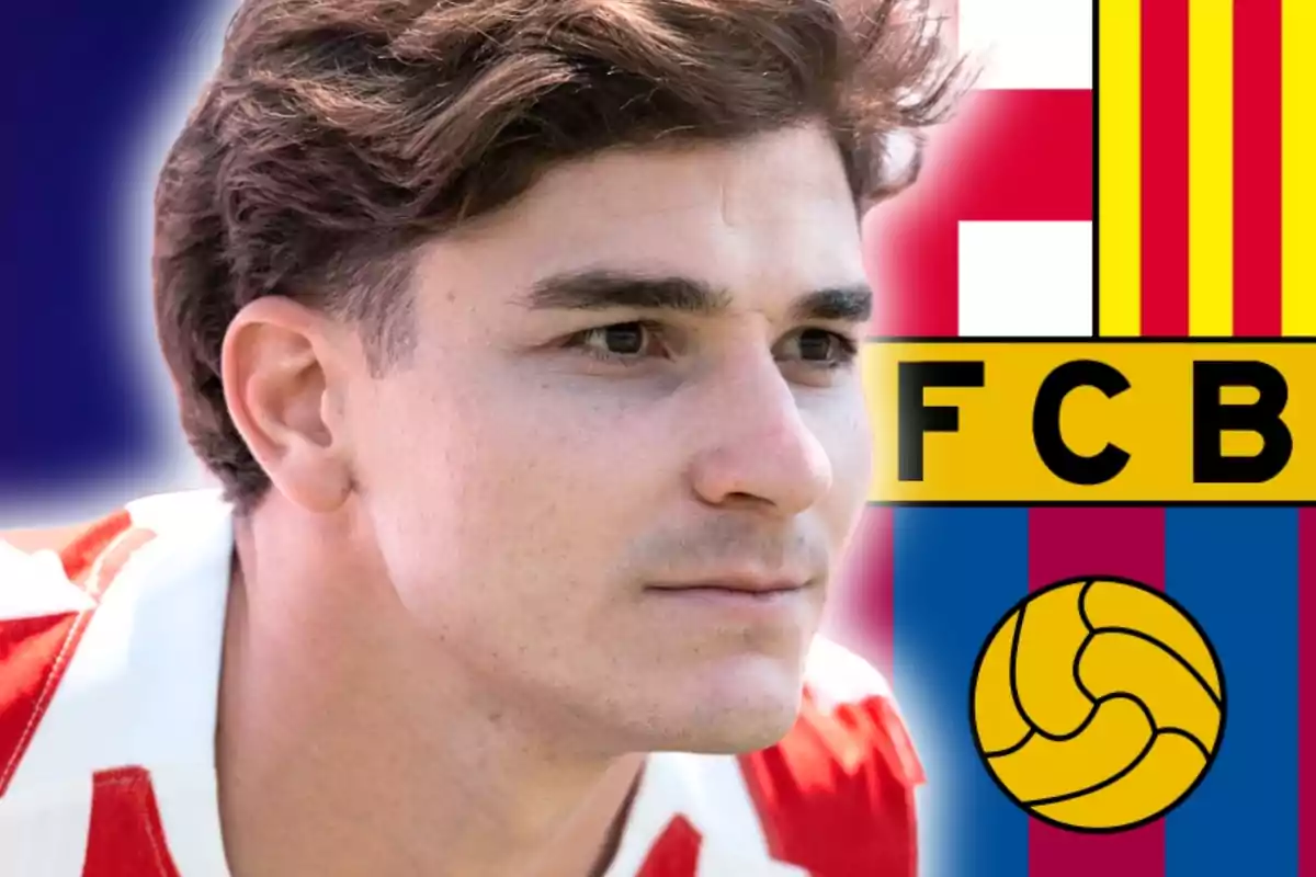 Un futbolista amb samarreta blanc-i-vermella apareix en primer pla al costat de l’escut del FC Barcelona de fons.