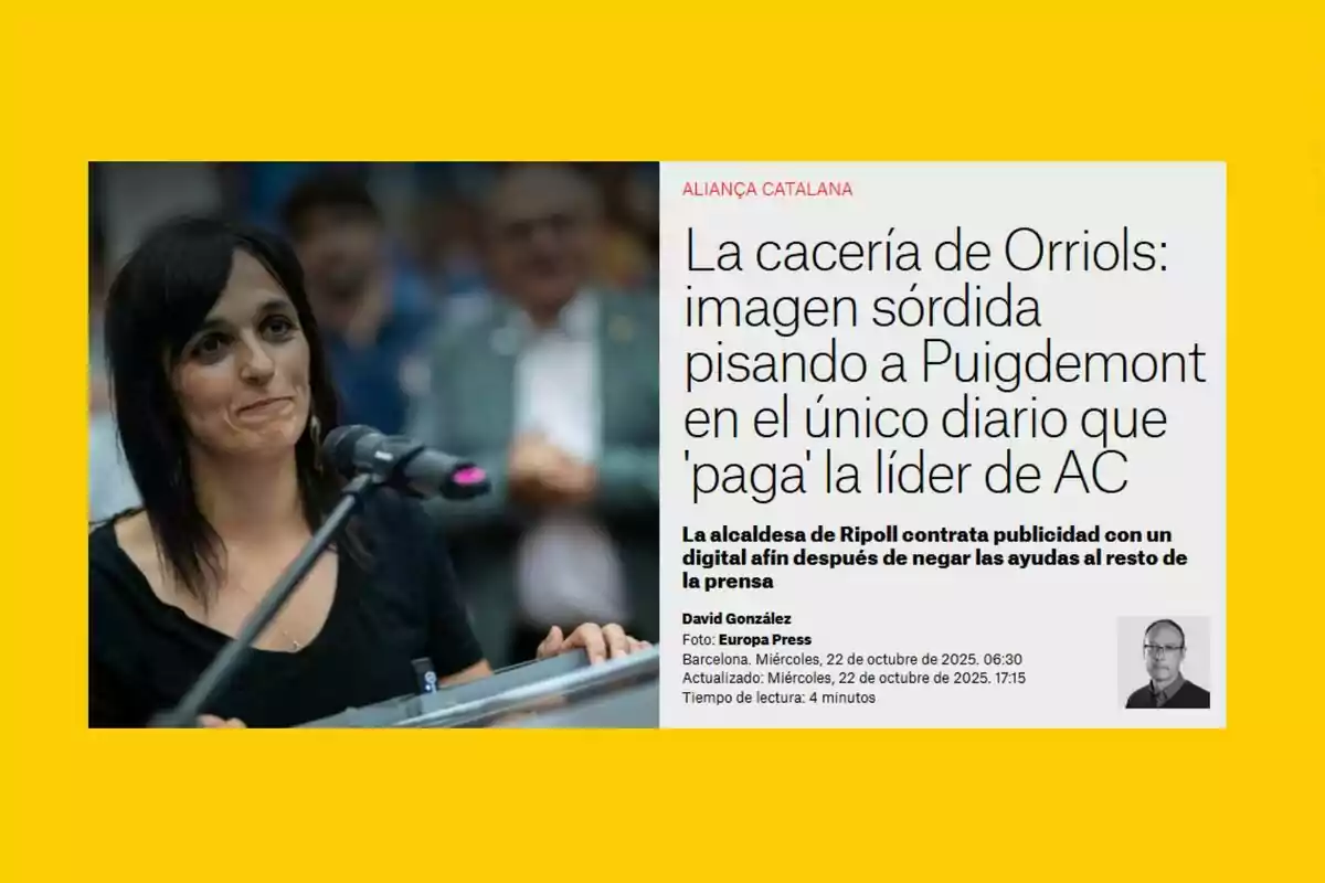 Una dona de cabell fosc parla davant d’un micròfon mentre al costat apareix un titular de notícia sobre l’alcaldessa de Ripoll i la contractació de publicitat en un diari digital, tot sobre un fons groc.
