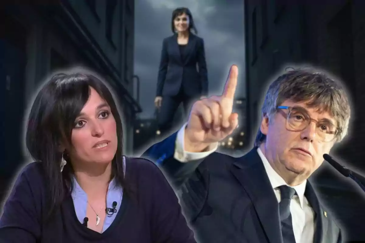 Montaje con una mujer de cabello oscuro hablando, un hombre con gafas levantando el dedo y una figura femenina al fondo caminando por una calle oscura