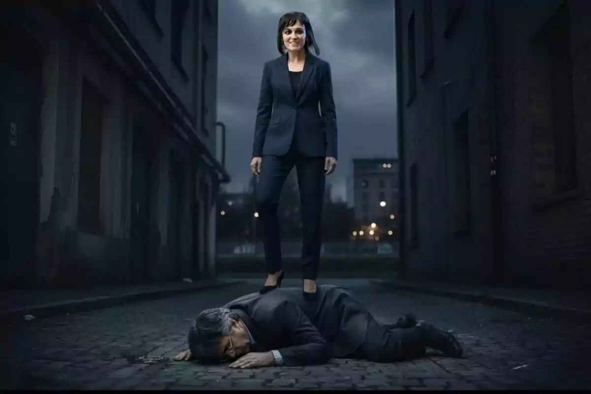 Una mujer vestida con traje oscuro está de pie sobre la espalda de un hombre tirado en el suelo de una calle oscura