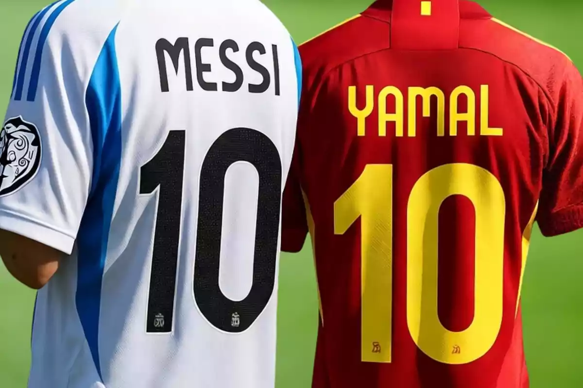 Two players seen from behind wearing jerseys from different national teams, one white with the name Messi and the number 10, and the other red with the name Yamal and the number 10.