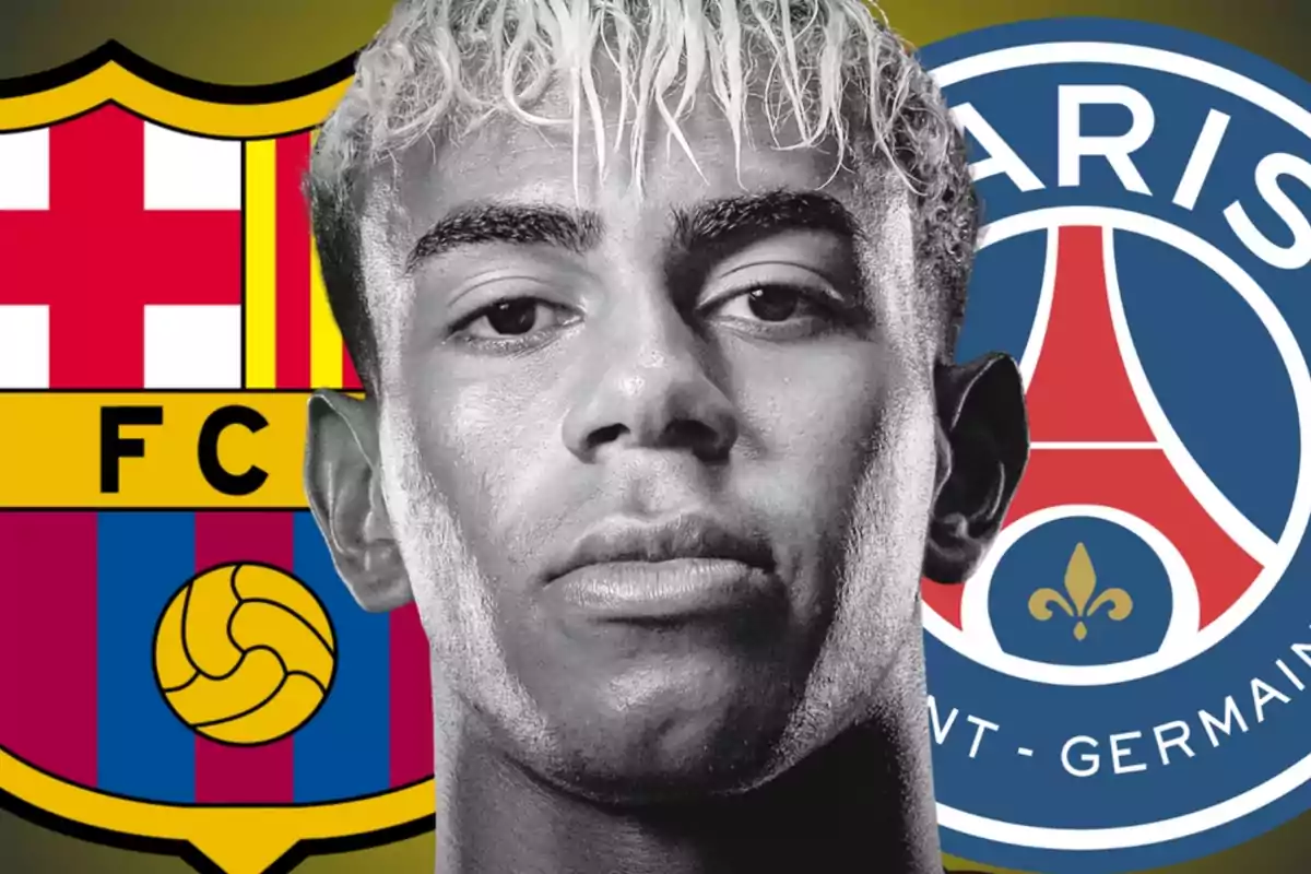 Un joven futbolista de cabello rubio platinado aparece en primer plano en blanco y negro con los escudos del FC Barcelona y el PSG de fondo.