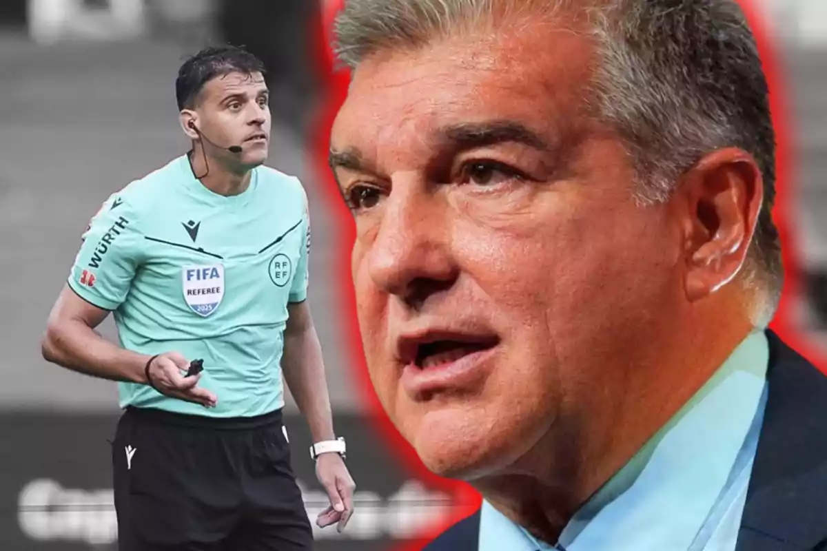 Un àrbitre de futbol amb uniforme celeste i un home amb vestit en primer pla amb expressió seriosa