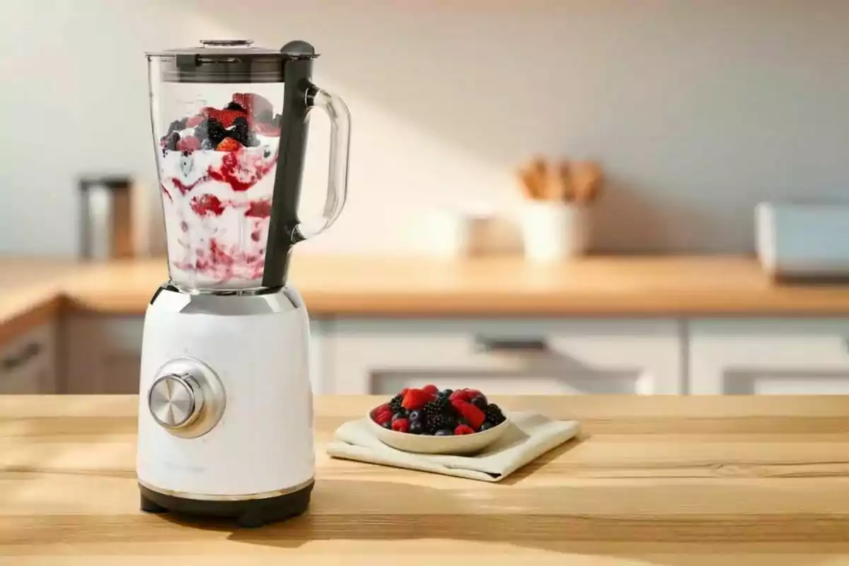 Licuadora blanca con frutas y yogur lista para preparar un batido en una cocina moderna junto a un plato de frutos rojos sobre una servilleta beige Licuadora blanca con frutas y yogur lista para preparar un batido en una cocina moderna junto a un plato de frutos rojos sobre una servilleta beige