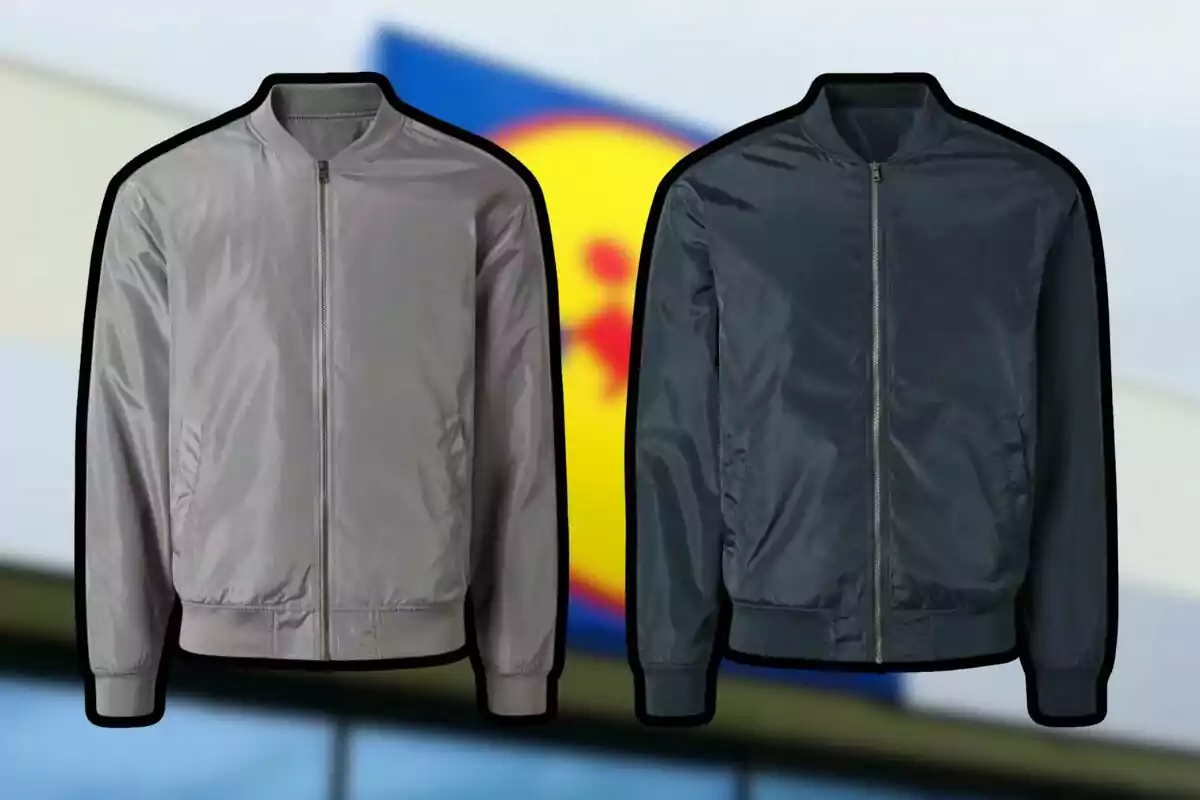 Dos chaquetas tipo bomber, una gris y una azul marino, sobre un fondo desenfocado con colores azul, amarillo y rojo.