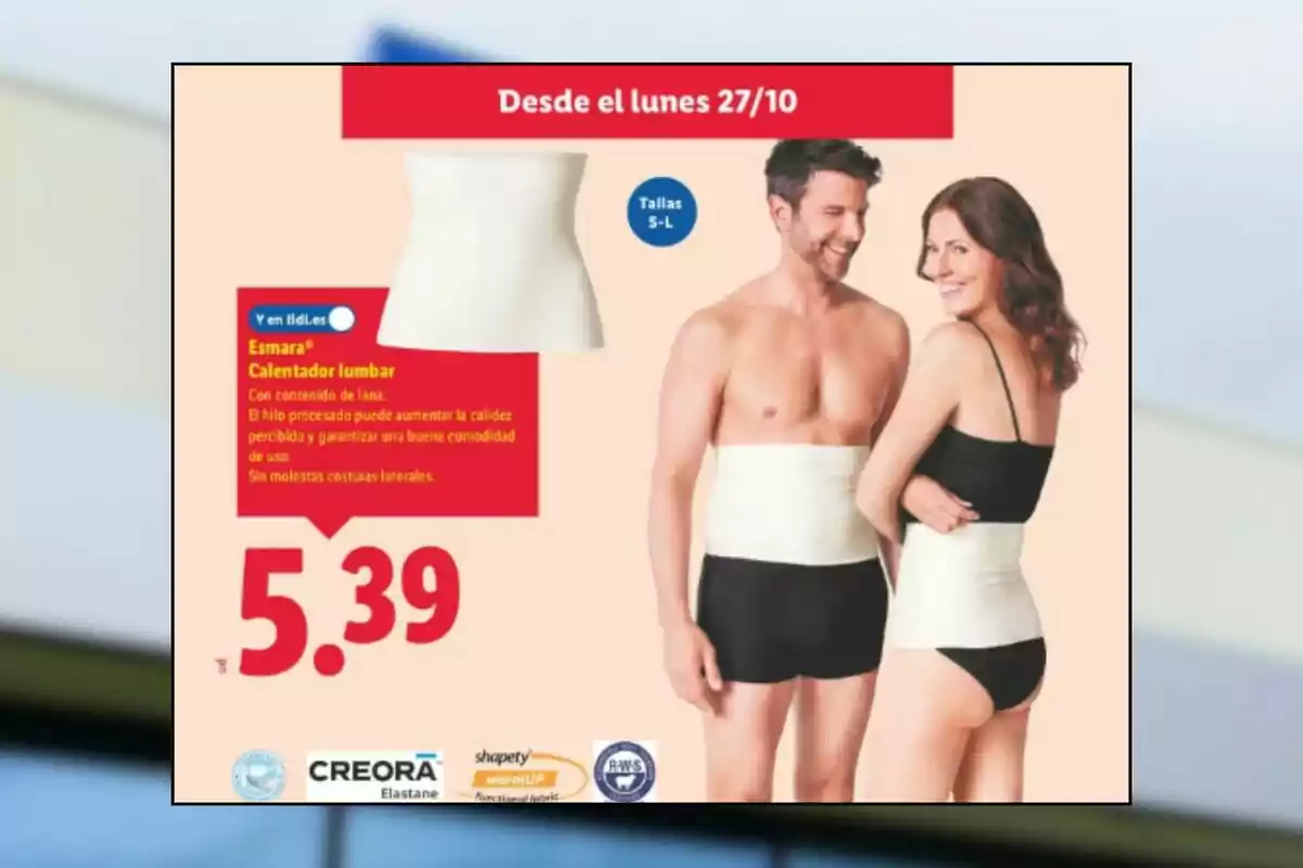 Publicidad de un calentador lumbar color blanco para hombre y mujer con precio de 5.39 y disponible en tallas S a L