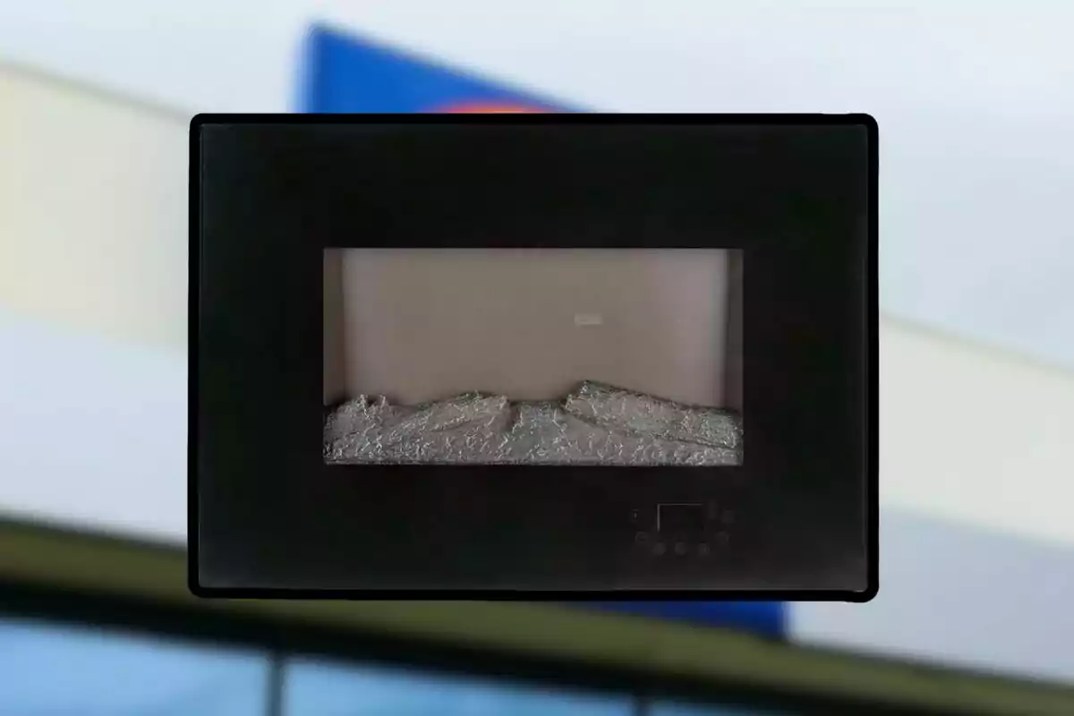 Chimenea eléctrica negra con panel de control y decoración de cristales plateados en su interior Chimenea eléctrica negra con panel de control y decoración de cristales plateados en su interior