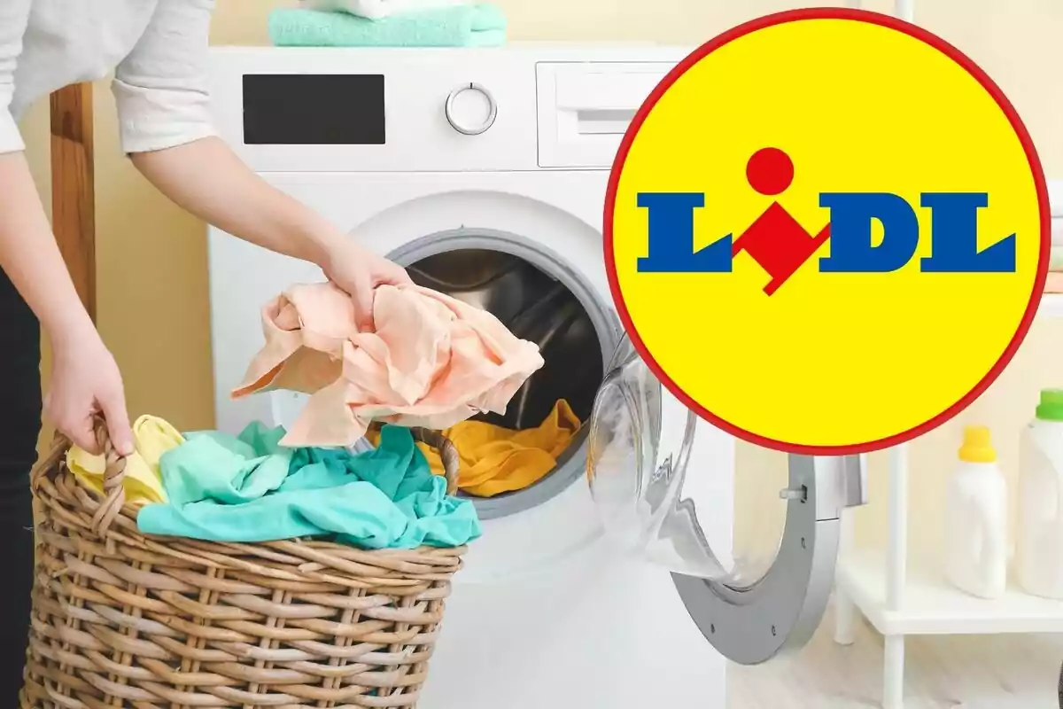 Persona metiendo ropa de colores en una lavadora con un cesto de mimbre y el logo de Lidl en grande sobre la imagen Persona metiendo ropa de colores en una lavadora con un cesto de mimbre y el logo de Lidl en grande sobre la imagen