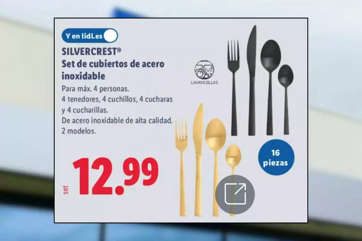 Publicitat d’un joc de coberts d’acer inoxidable Silvercrest per a quatre persones, disponible en dos models i dos colors, amb un preu de 12,99 euros i un total de 16 peces.
