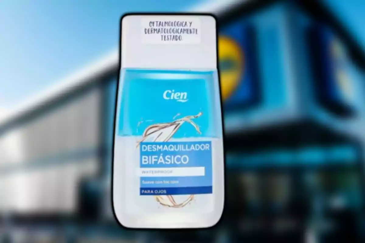 Cien brand biphasic makeup remover bottle with a blurred store background