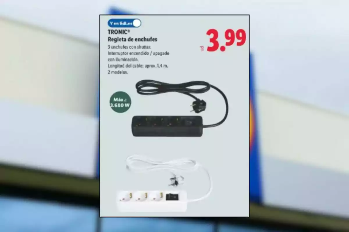 Oferta de regleta de enchufes Tronic de tres tomas con interruptor y cable de 1,4 metros disponible en color negro y blanco por 3,99 euros Oferta de regleta de enchufes Tronic de tres tomas con interruptor y cable de 1,4 metros disponible en color negro y blanco por 3,99 euros