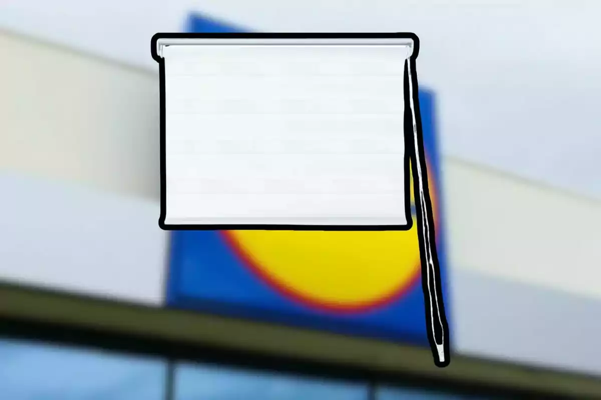 White roller blind with a blurred background of a building and a blue and yellow sign White roller blind with a blurred background of a building and a blue and yellow sign