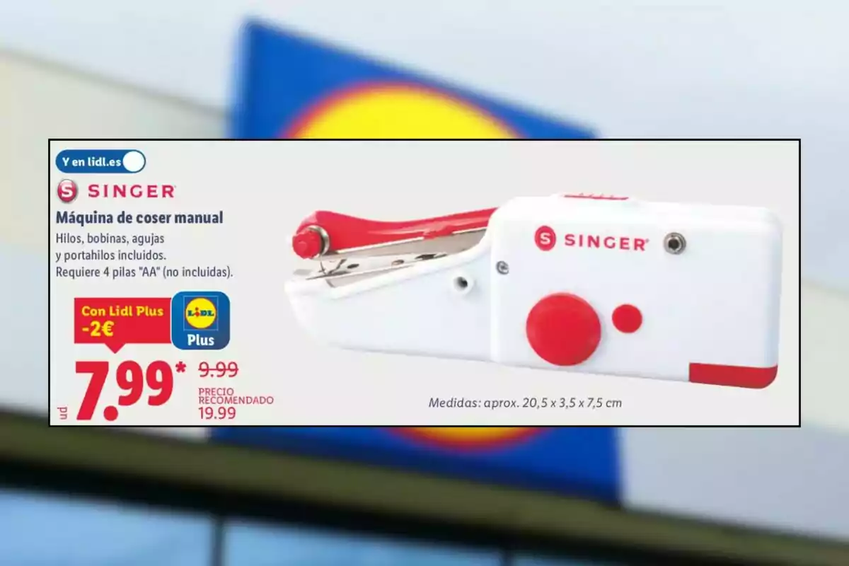 Advertisement for a Singer handheld sewing machine on sale at Lidl with a discounted price and product details