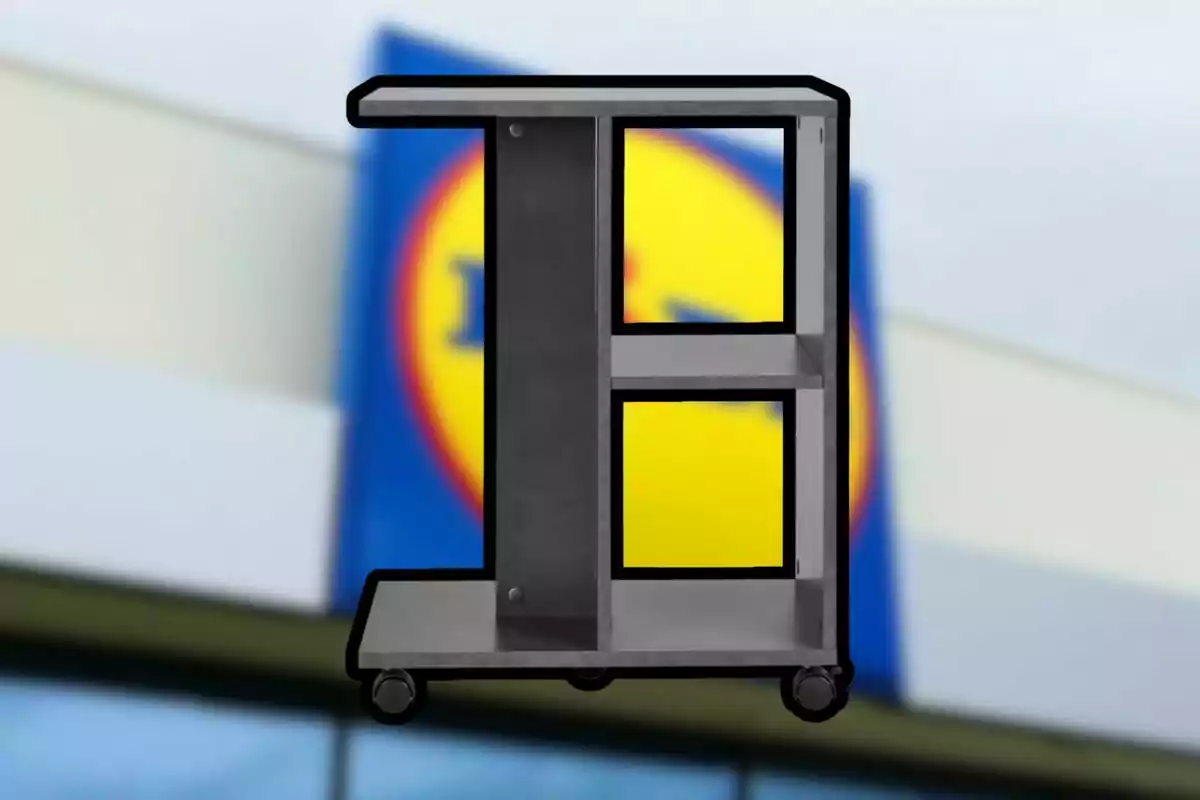 Carrito organizador gris con ruedas frente a un letrero borroso de supermercado Carrito organizador gris con ruedas frente a un letrero borroso de supermercado