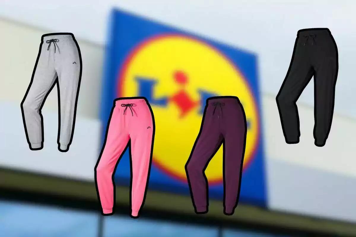 Cuatro pantalones deportivos en diferentes colores están sobre un fondo desenfocado con el logo de Lidl.