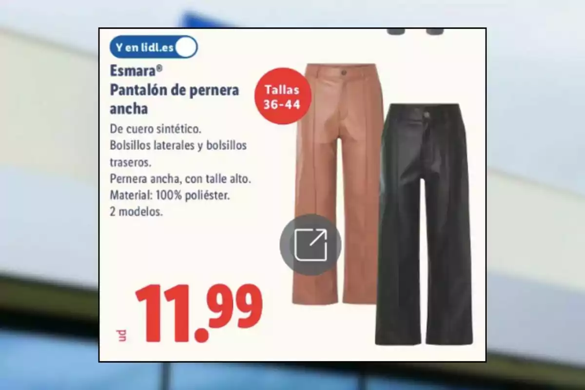 Wide-leg women's pants on sale in brown and black, made of synthetic leather, with side and back pockets, sizes 36 to 44, price 11.99 euros Wide-leg women's pants on sale in brown and black, made of synthetic leather, with side and back pockets, sizes 36 to 44, price 11.99 euros
