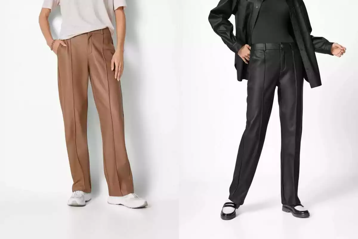 Two women model straight-cut faux leather pants, one in light brown with a beige t-jersey and white sneakers, and the other in black with a black blouse and jacket and loafer-style shoes. Two women model straight-cut faux leather pants, one in light brown with a beige t-jersey and white sneakers, and the other in black with a black blouse and jacket and loafer-style shoes.