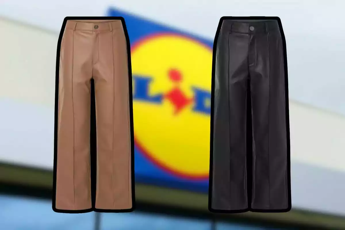 Two leather pants in brown and black with a blurred background of a supermarket sign Two leather pants in brown and black with a blurred background of a supermarket sign