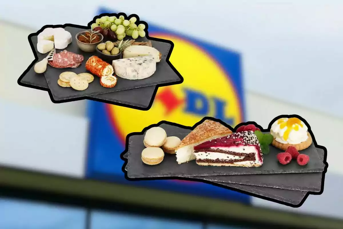 Taules d’aperitius amb formatges, embotits, raïm, olives, galetes salades i postres variats com macarons, pastís i pastissets, amb el logotip d’un supermercat desenfocat de fons.