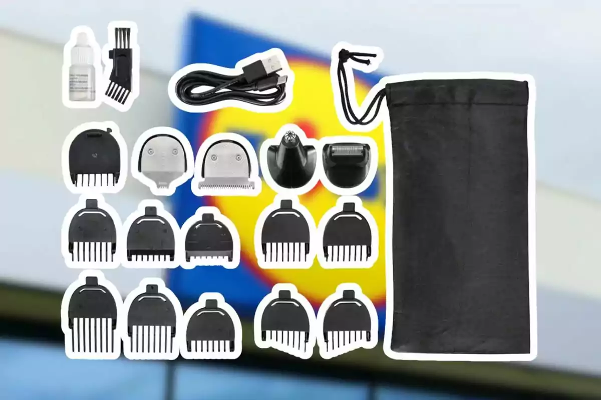 Hair clipper accessory kit with combs of different sizes, interchangeable heads, USB cable, oil, cleaning brush, and storage bag on a blurred background